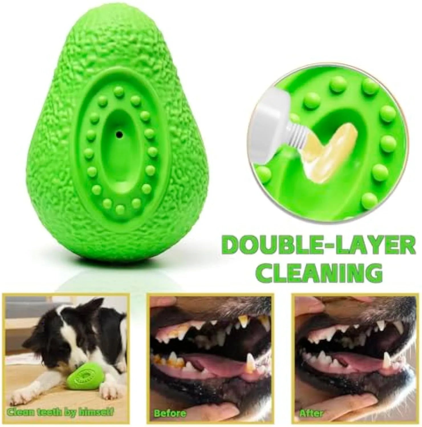 Green avocado-shaped natural rubber dog chew toy for aggressive chewers with textured surface