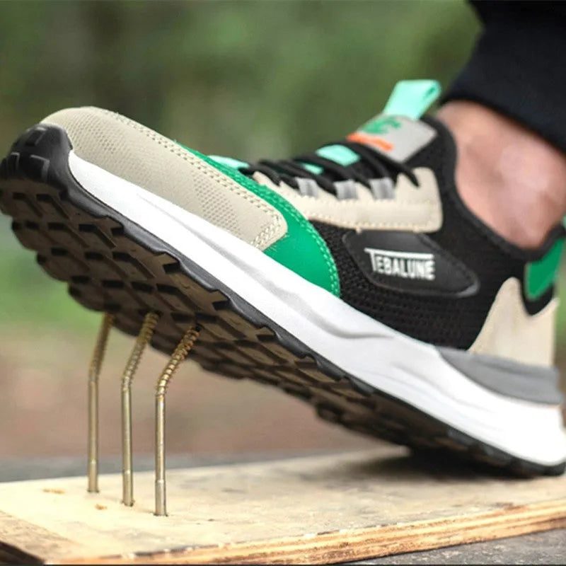 Black green safety shoes with mesh uppers and plastic steel toe cap