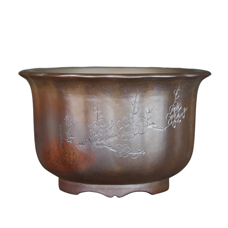 Purple sand ceramic flowerpot with antique carved wood burning design for bonsai plants