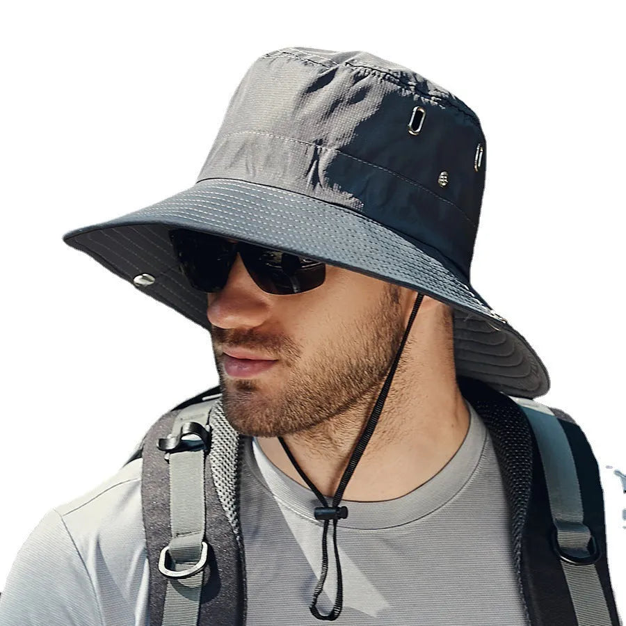 Men's big brim sun hat in khaki colour with dome crown and breathable polyester fabric