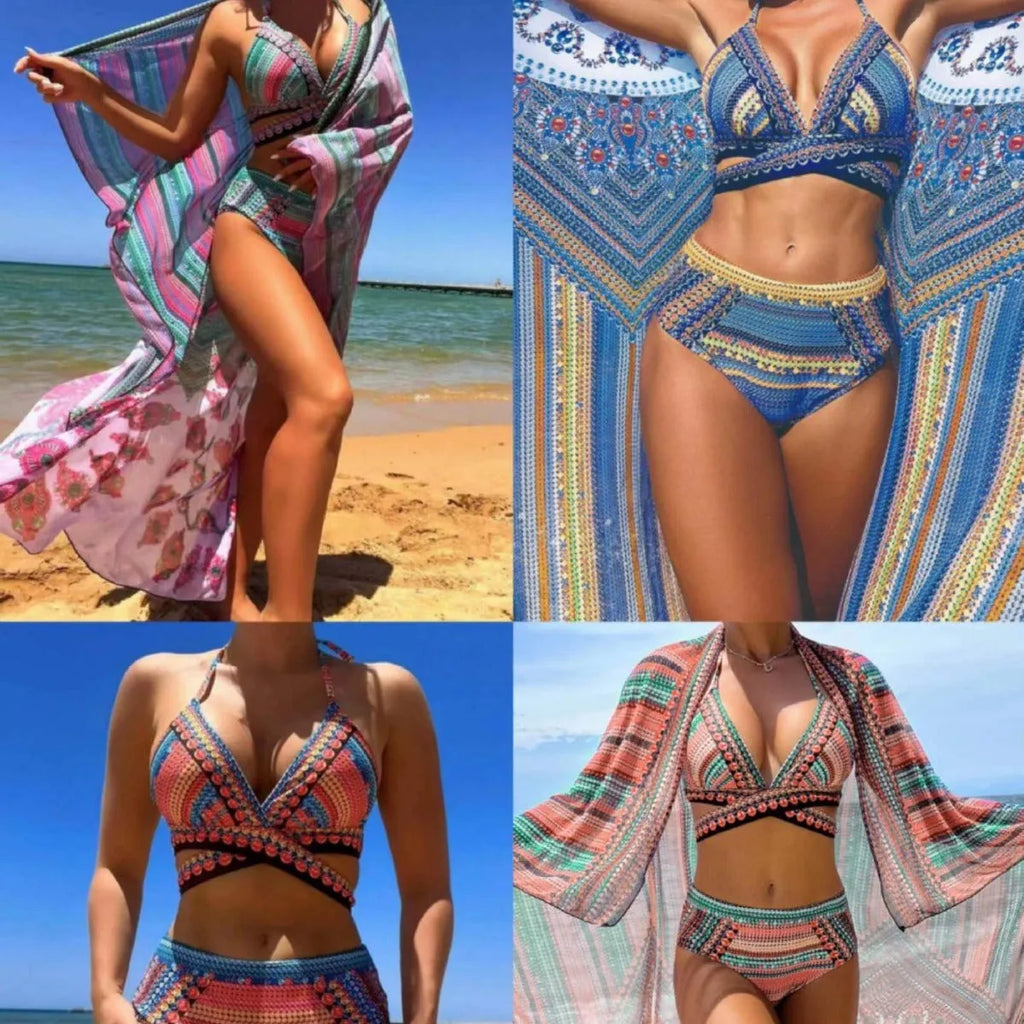 Women's high-waisted cross bandage bikini three-piece swimsuit set in blue colour