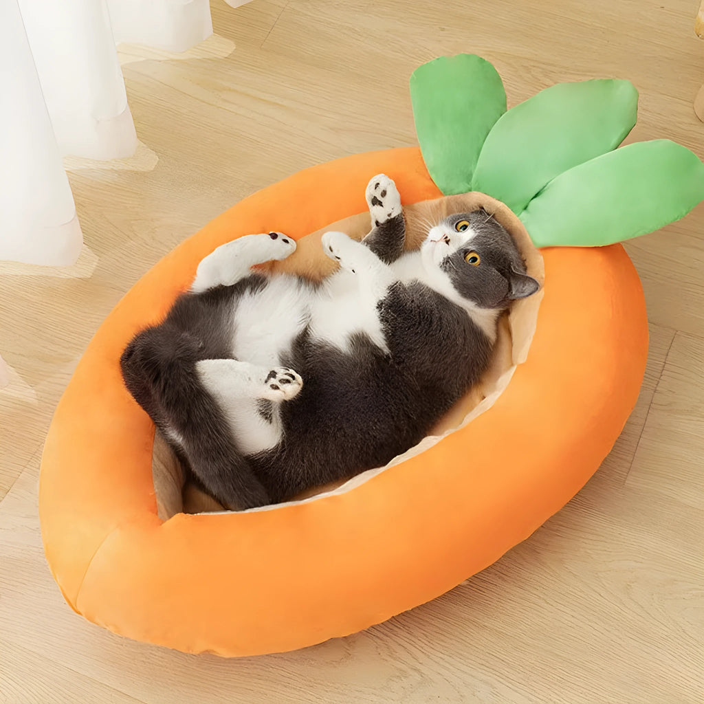 Orange carrot-shaped removable pet mattress for dogs on grey background