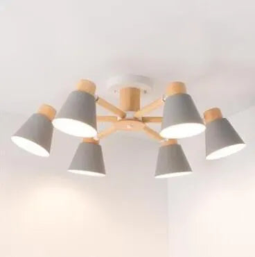 Nordic macaron ceiling pendant lamp with ironwood construction in multiple head configurations
