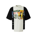 Black and white broken collage deconstruction print on a loose fit cotton blend t-shirt