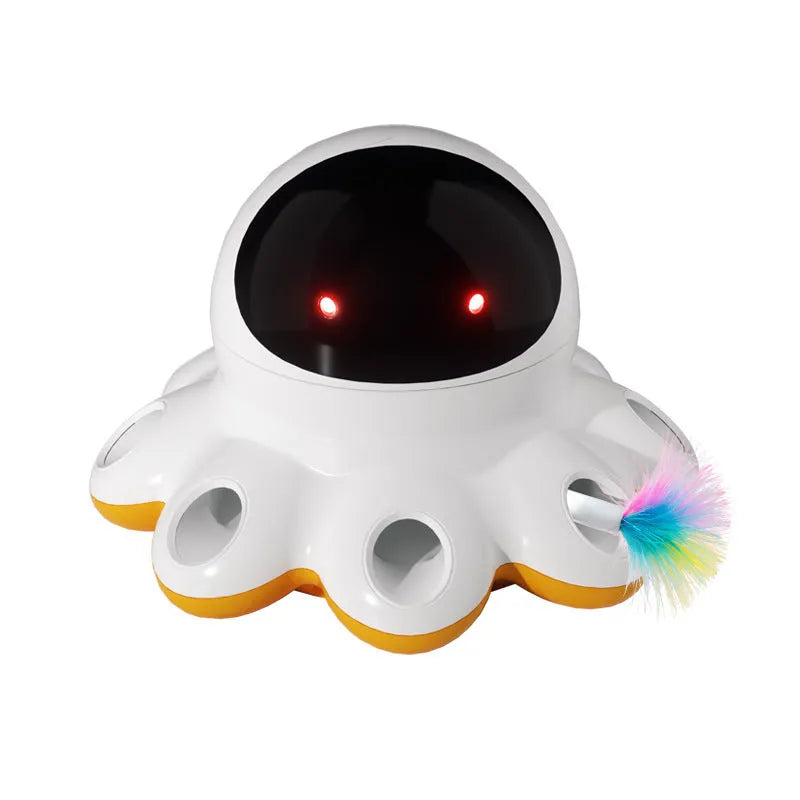 Automatic electric cat teaser toy with shiny spinning feathers in colourful plastic housing