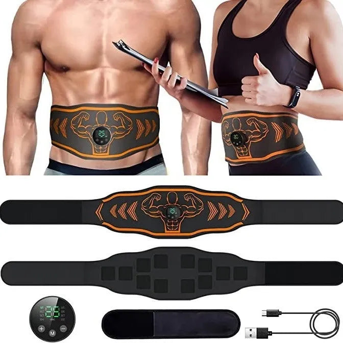 Blue and orange smart EMS massage belt with host unit, main belt, and arm stickers.