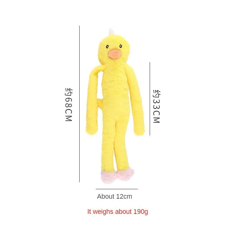 Large pink and yellow plush dog toy with squeaker and crinkle sounds for golden retrievers
