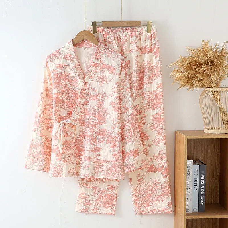 Women's pink cotton gauze trousers suit with lace-up top and long trousers for homewear