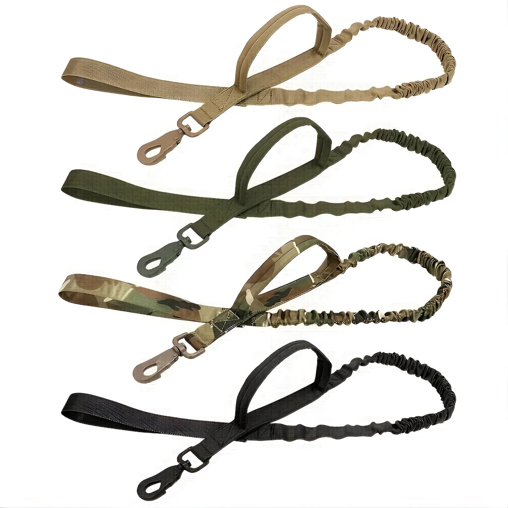 A black retractable dog leash for large breeds, extended to show its length, with a comfortable handle and reflective stitching.