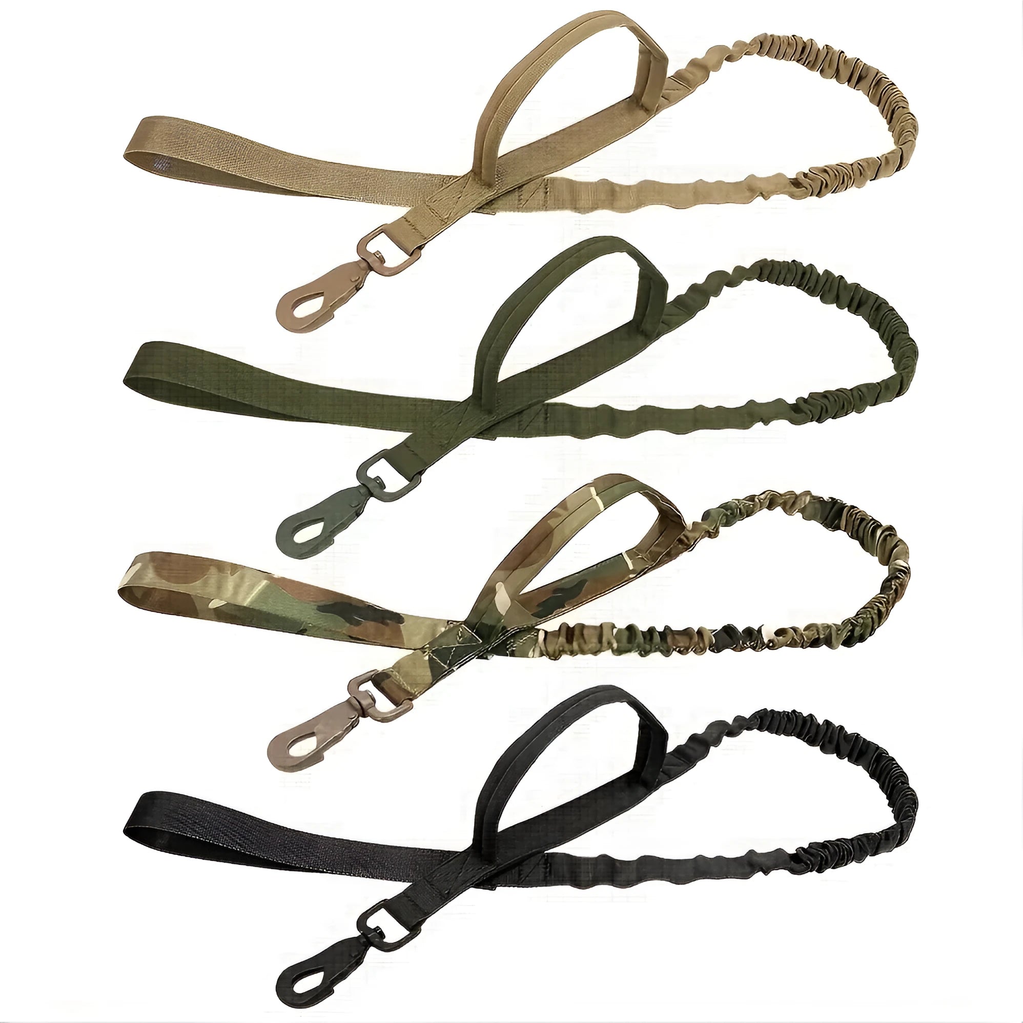 A black retractable dog leash for large breeds, extended to show its length, with a comfortable handle and reflective stitching.