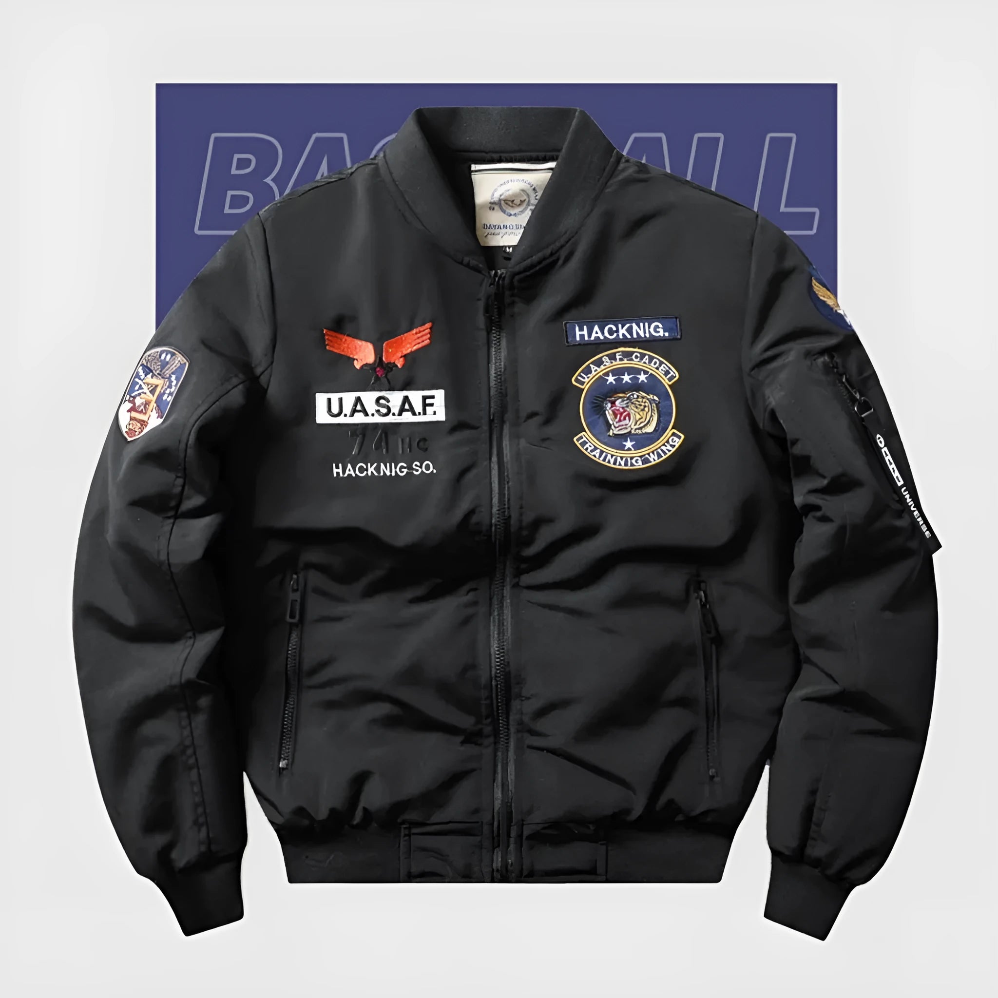 Slim-fit men's retro cotton-padded coat with stand collar and quilted embroidery, shown in blue.