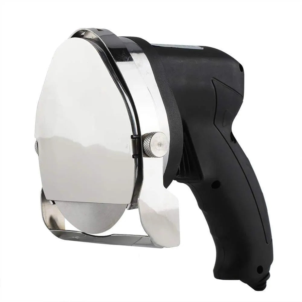 Black electric meat cleaver machine with EU plug and included cleaver accessory on a countertop.