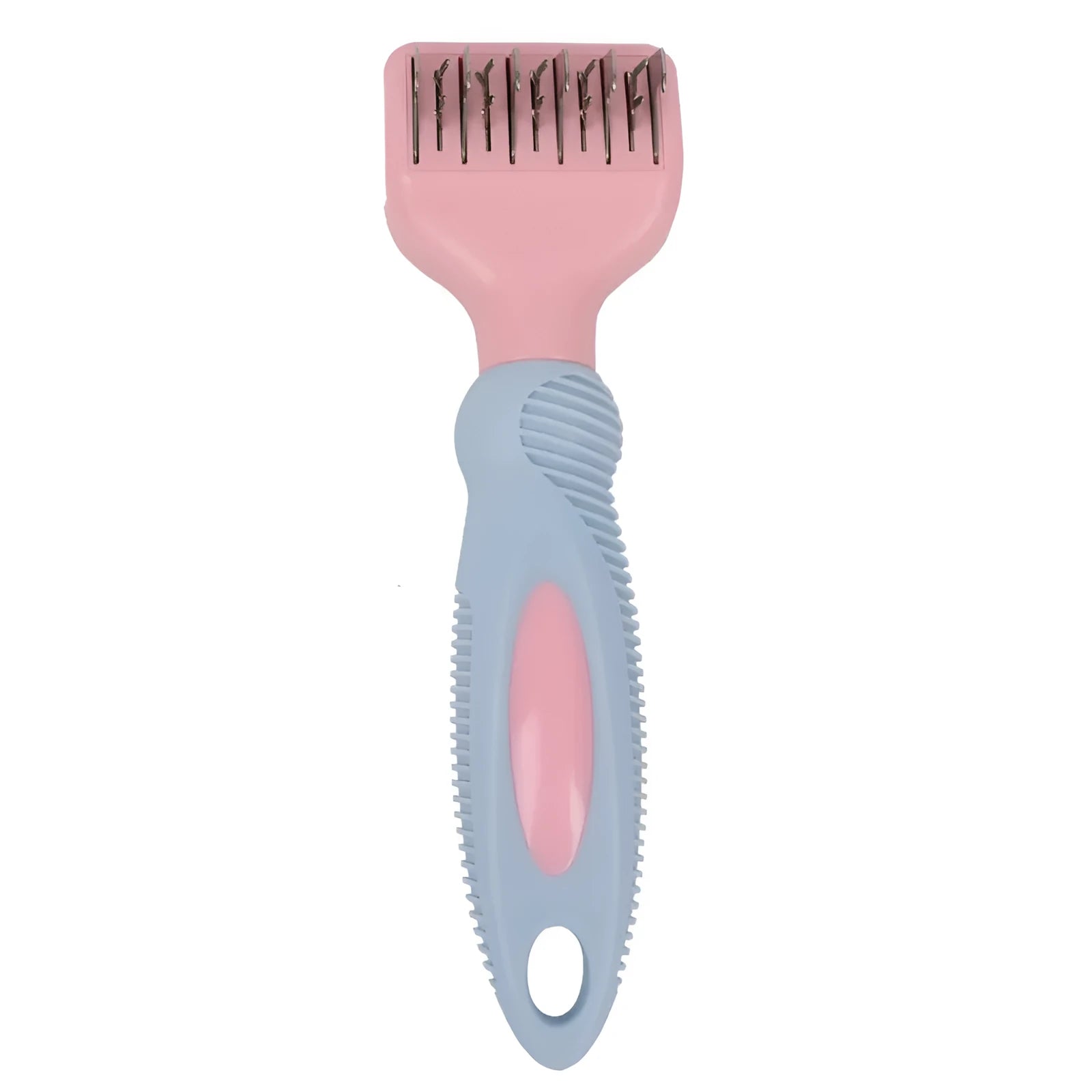 Pink stainless steel pet grooming comb with knot knife edge and four rows of massage pins