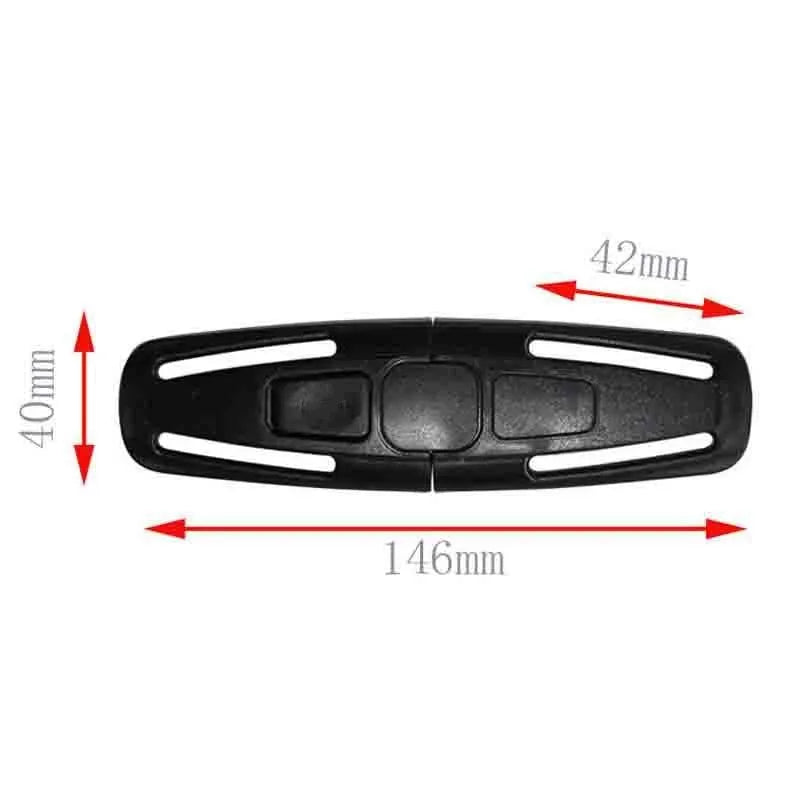 Black nylon seat belt buckle clip for child car seats, dimensions 14.5cm by 4cm.