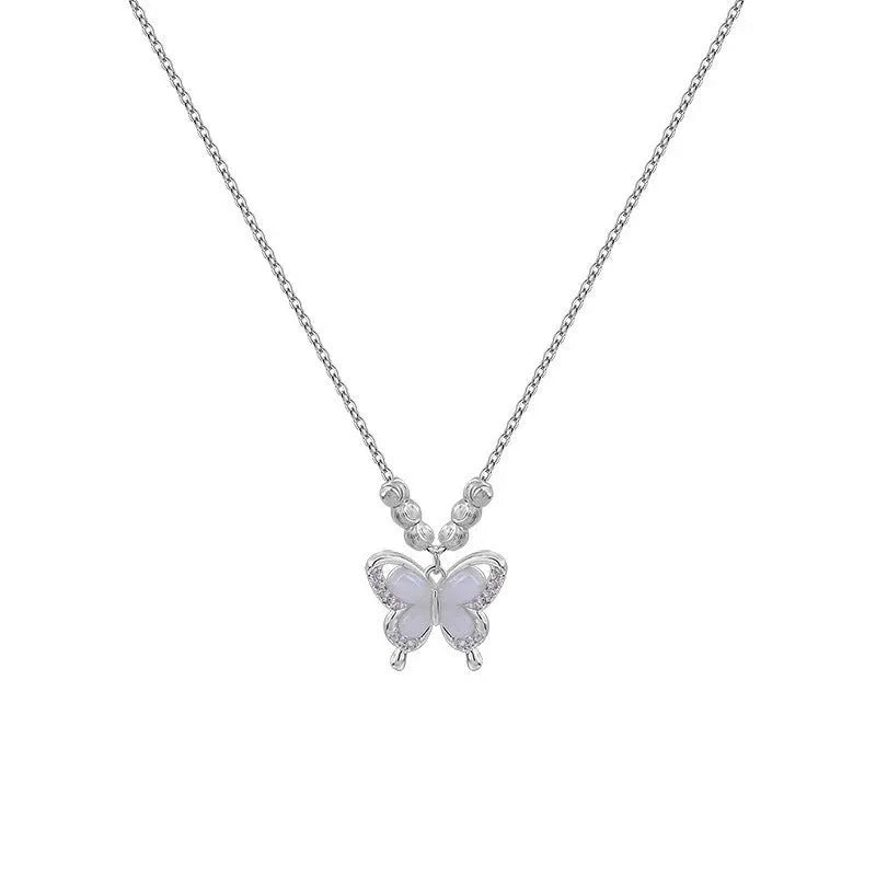 Women's adjustable 925 sterling silver necklace with a square opal butterfly pendant on a cross chain.