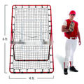 Red baseball training net with metal frame shown in packed position measuring 95cm long