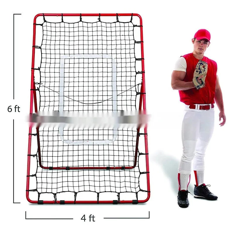 Red baseball training net with metal frame shown in packed position measuring 95cm long