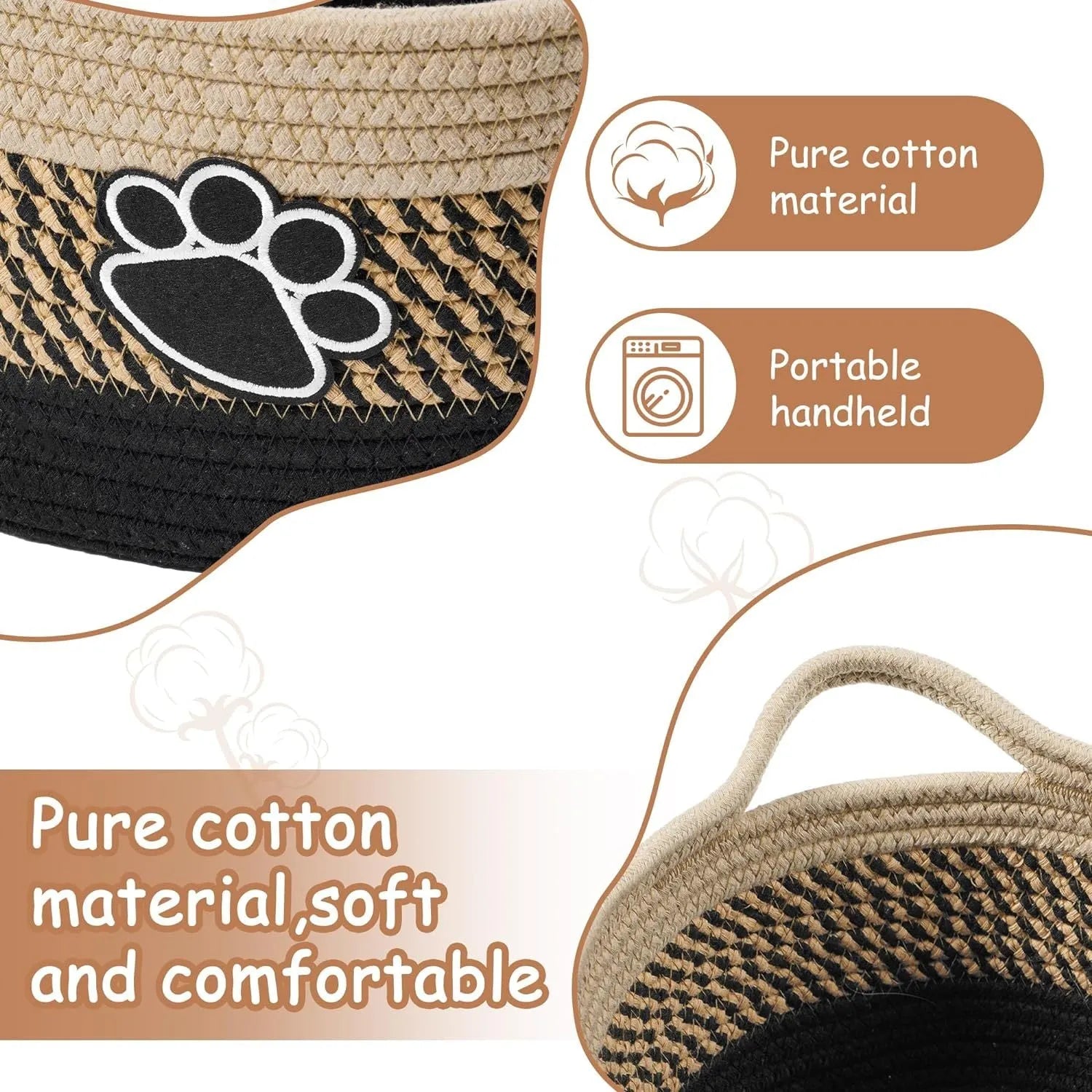 Light beige handmade cotton rope storage basket with a handle on a wooden floor.