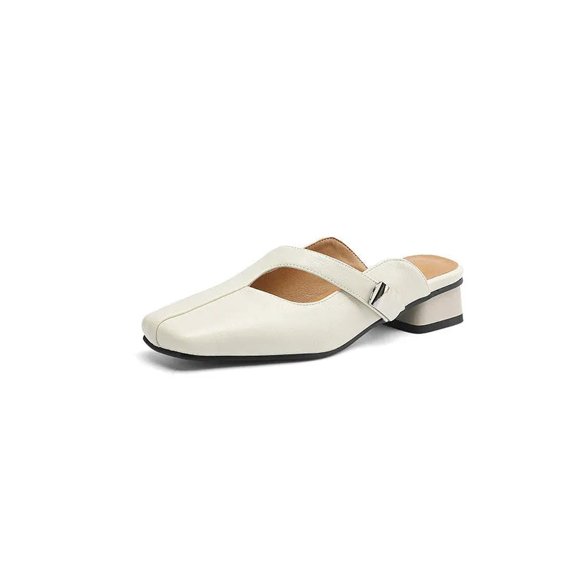 British style square head low heel slippers in artificial PU with imitation leather lining