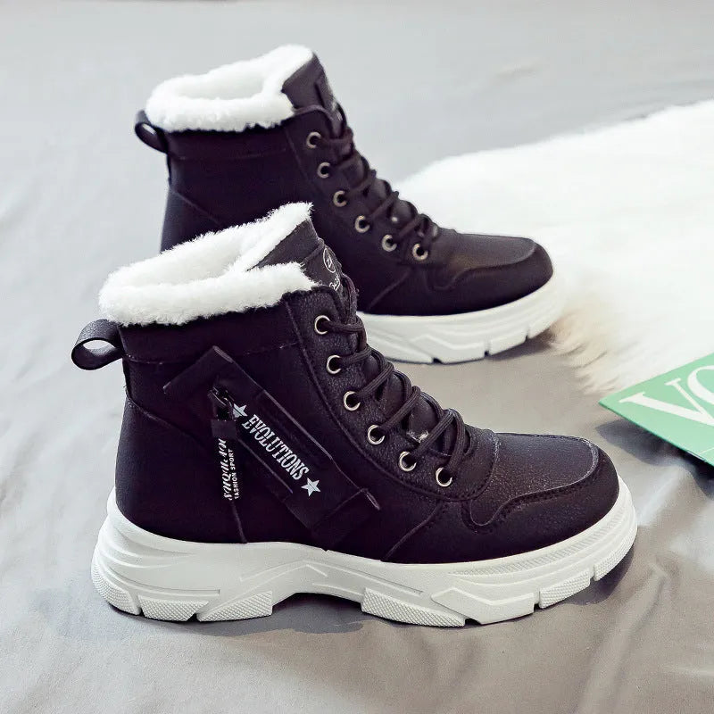 Women's plus size tall crown fleece-lined snow boots with lace-up front and round toe