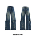 Men's verdant blue jeans with retro washed burst pattern and curved knife design on loose fit trousers