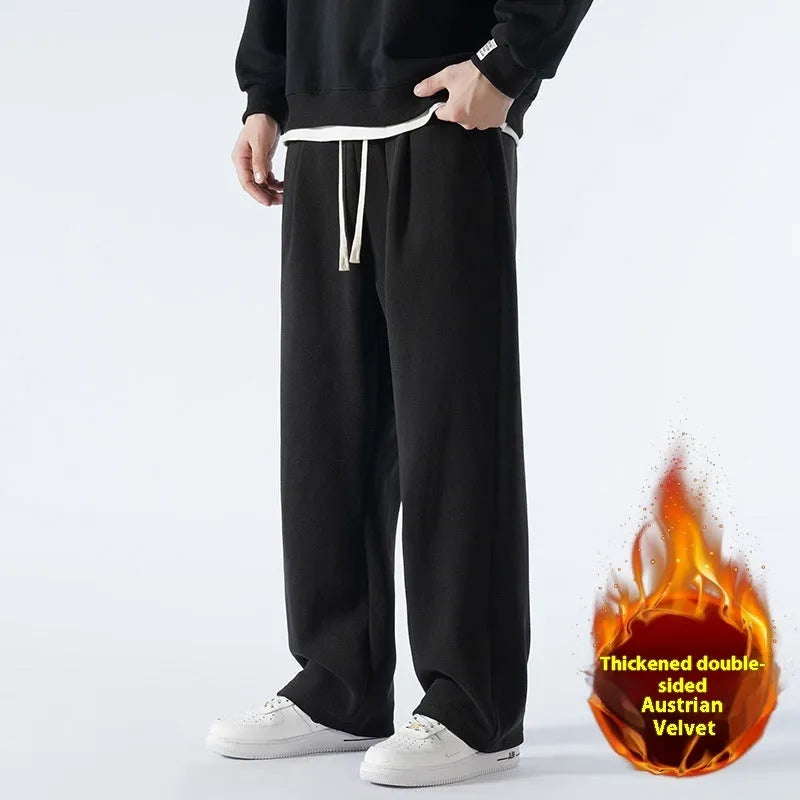 Men's apricot double-sided polar fleece trousers with a wool lining, shown with a drawstring waist.
