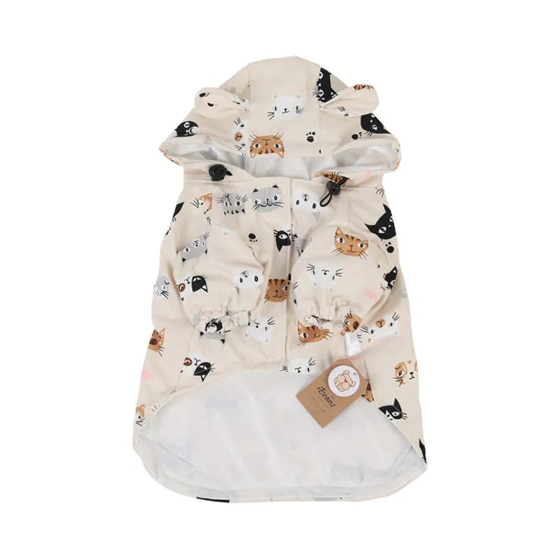 Beige dog raincoat with cartoon print, showing double waterproof PU coating and available in sizes S to XXL.