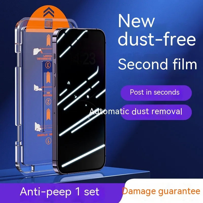 Tempered glass screen protector for iPhone showing HD and frosted privacy options.
