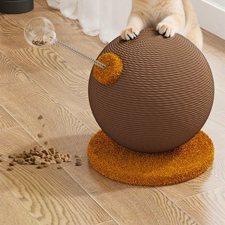Hemp rope cat scratch board with attached ball toys in large and small size options.