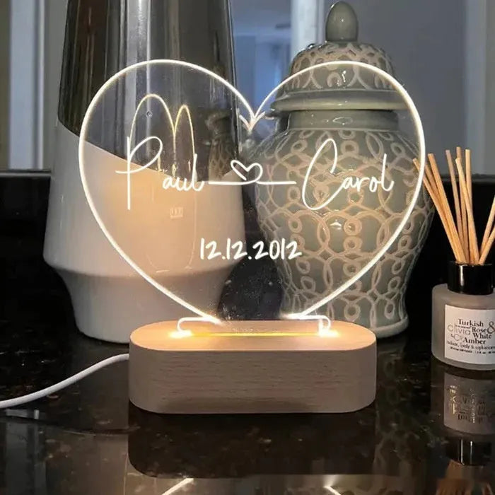 Custom transparent acrylic night light with names and dates, 20cm by 11.5cm modern art bedside lamp