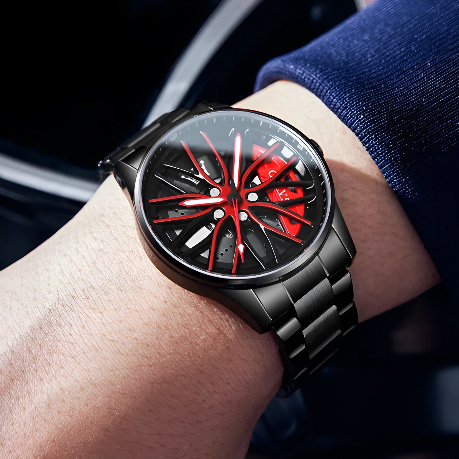 Men's hollowed-out luminous quartz watch with stainless steel strap showing black and red colour variant on a white background