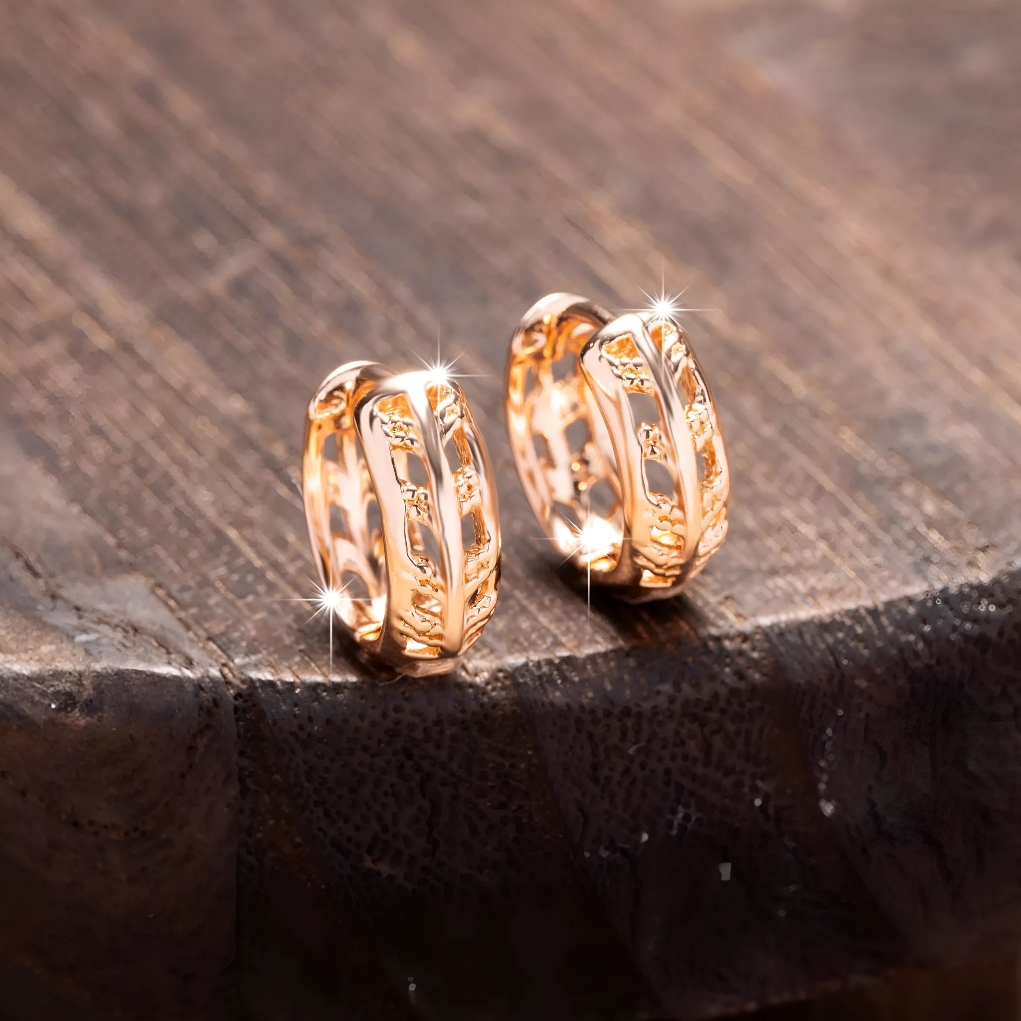 Rose gold tone hollowed out copper earrings with combined heart and leaf shapes