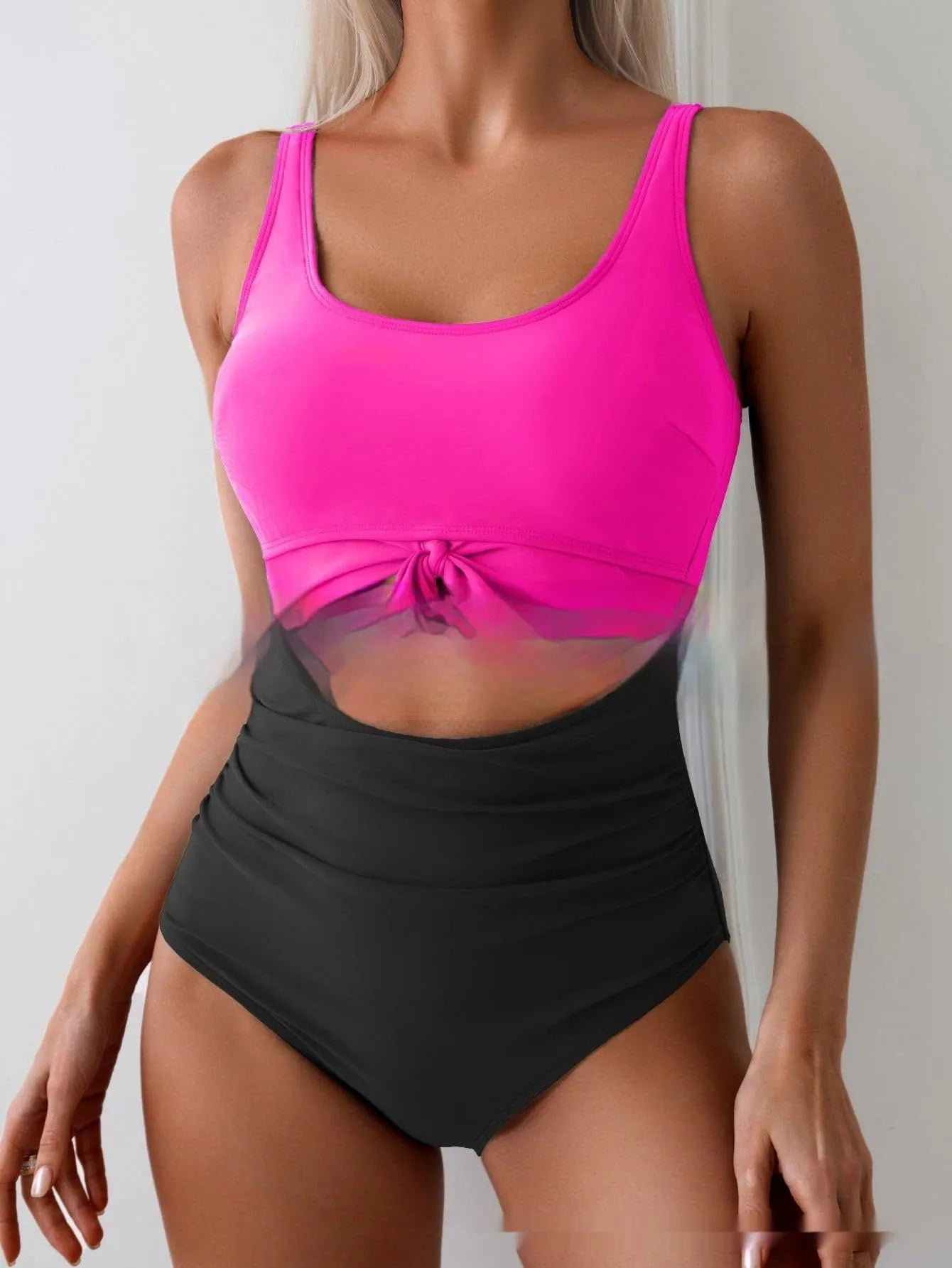 One-piece women's swimsuit with contrast colour straps, covered belly, sleeveless, solid colour, sizes S to XXL