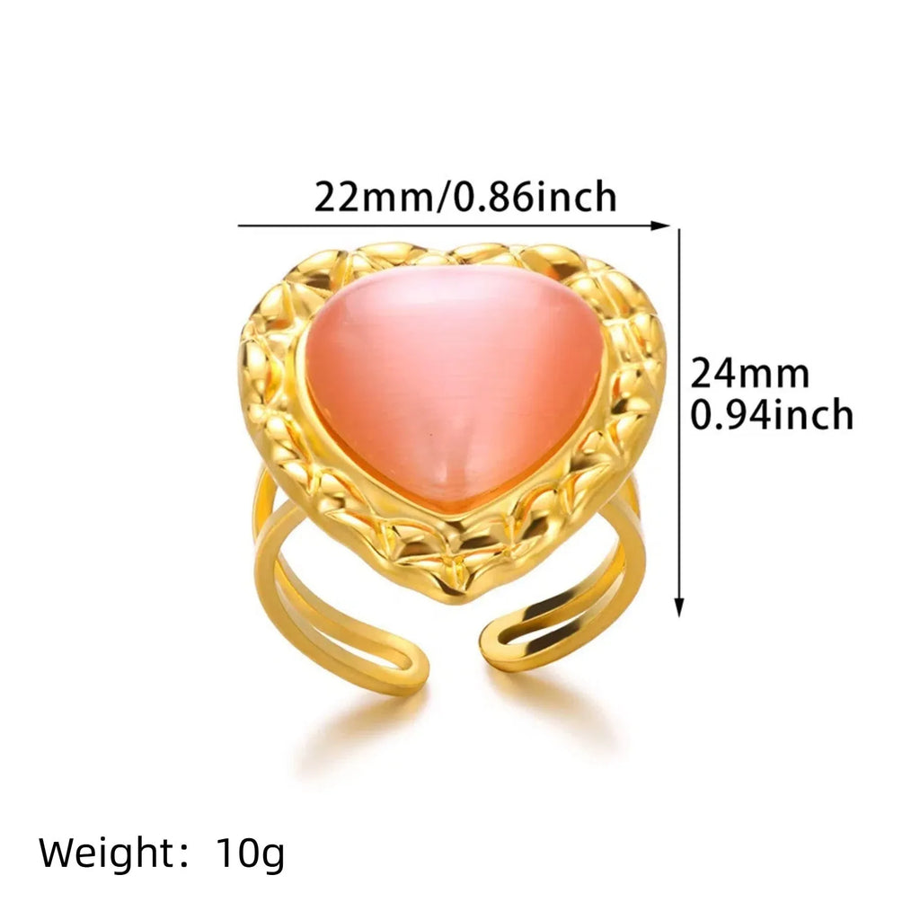 Retro stainless steel heart-shaped pendant ring with open band and asymmetric wave design
