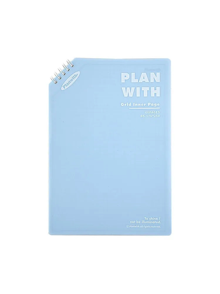 Oblique Angle Salt Series A5 and B5 notebook with white or plaid blue cover, open to show unlined pages.