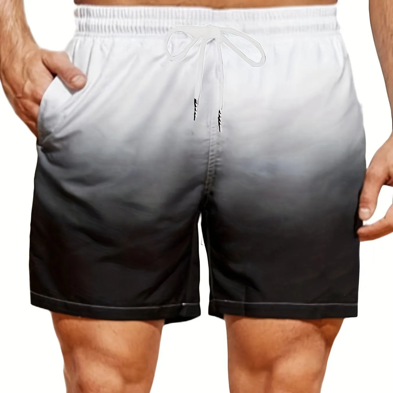 Men's grey gradient 3D digital print mesh sports shorts on a white background.