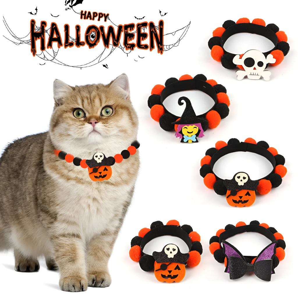 Halloween pet fur ball collar in six designs including pumpkin, skull, and witch themes