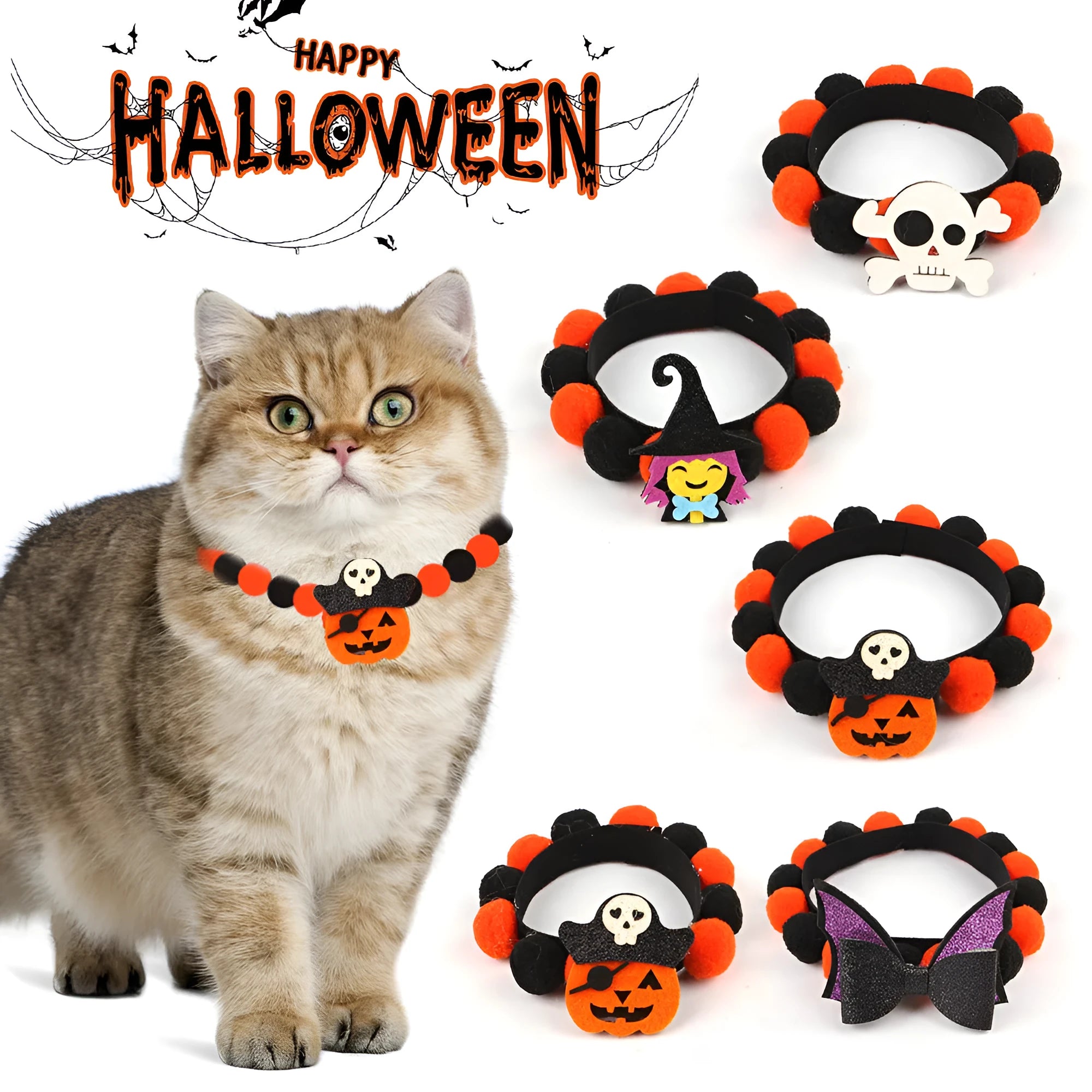 Halloween pet fur ball collar in six designs including pumpkin, skull, and witch themes