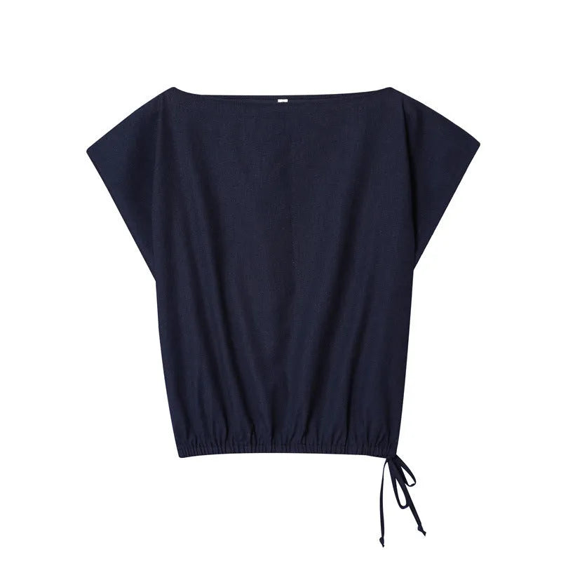Women's linen blend office set with off-neck collar shirt and wide leg trousers