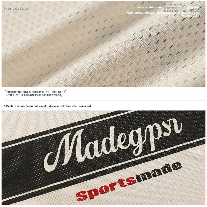 Apricot sports jersey V-neck couple top with letter pattern and drop-shoulder sleeves