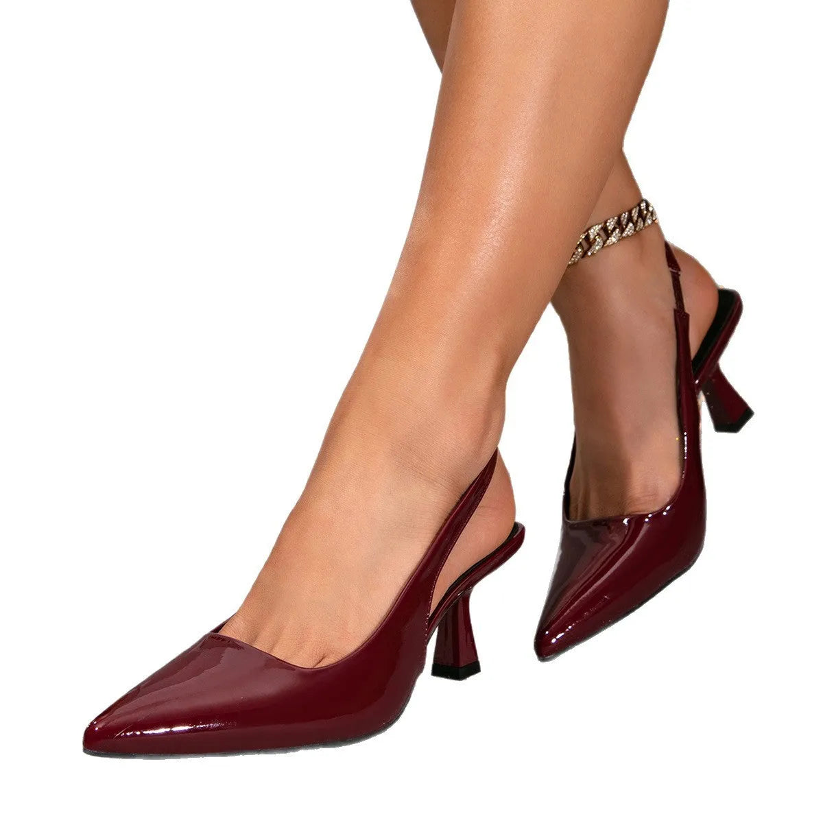 Wine red stiletto heel pointed toe closed toe sandals with elastic band on white background