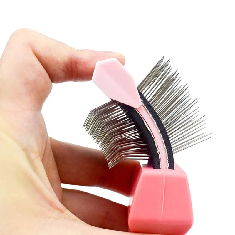 Double-sided pet grooming brush with stainless steel pins and ergonomic handle in blue colour