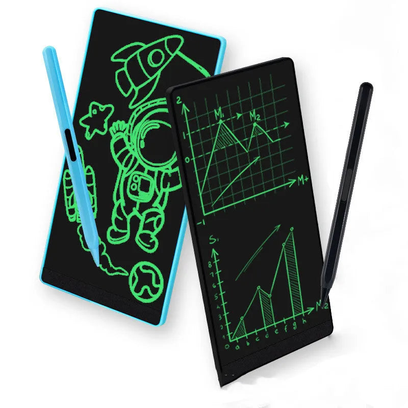 Blue LCD writing board with stylus showing handwritten arithmetic on 6.5-inch screen