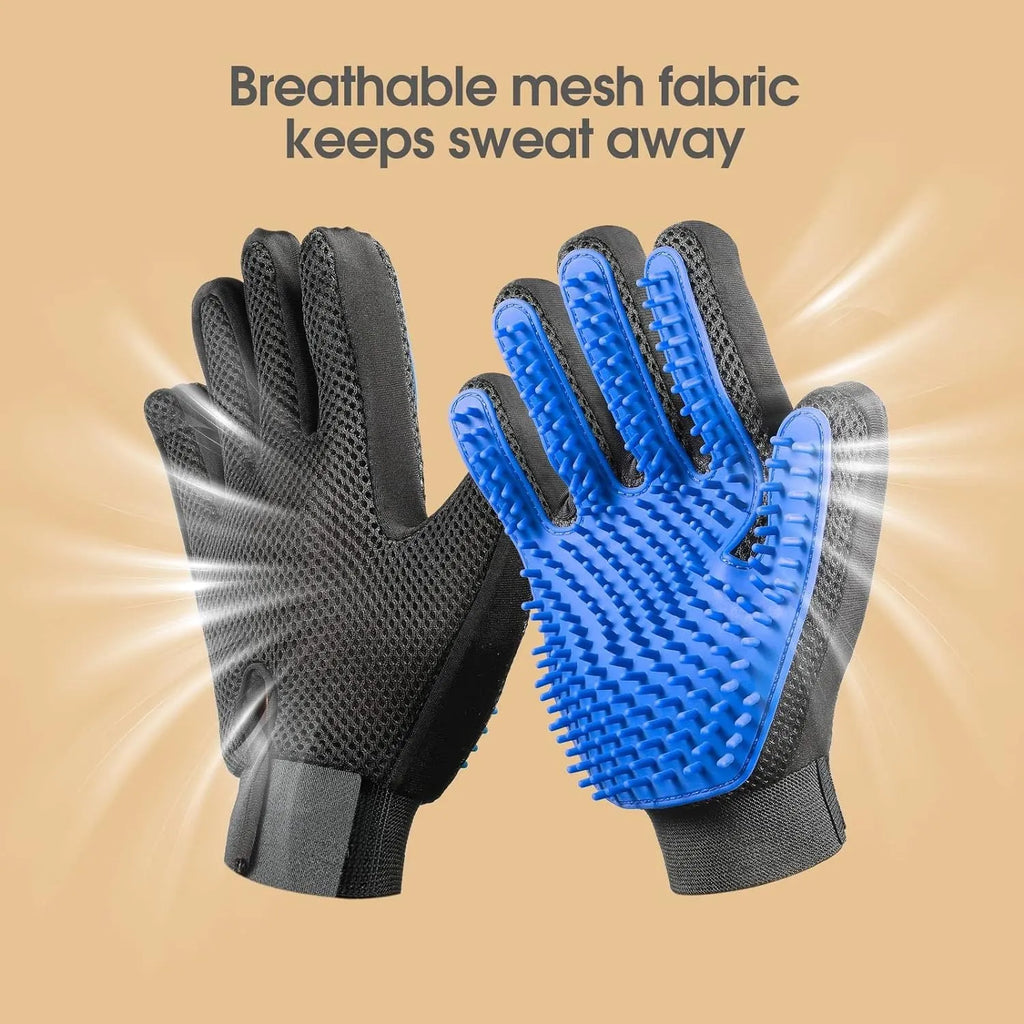 Blue silicone pet grooming gloves with multiple tips for brushing dogs, cats, or horses.