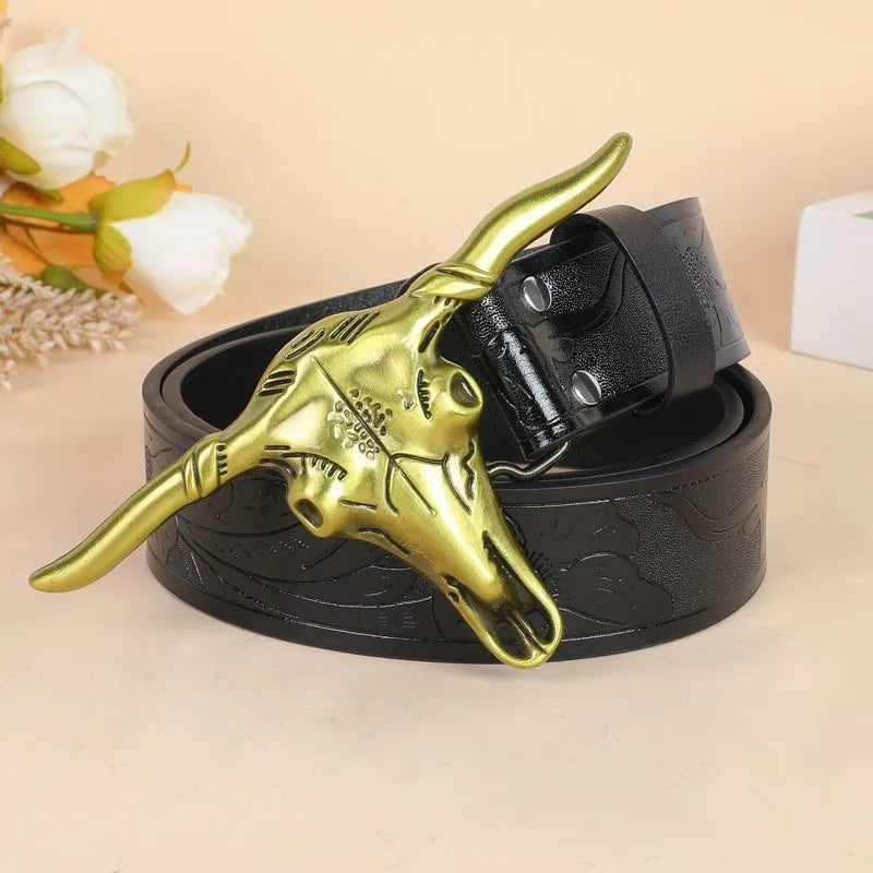 Men's brown imitation leather belt with a detailed metal cow head buckle and pin clasp.