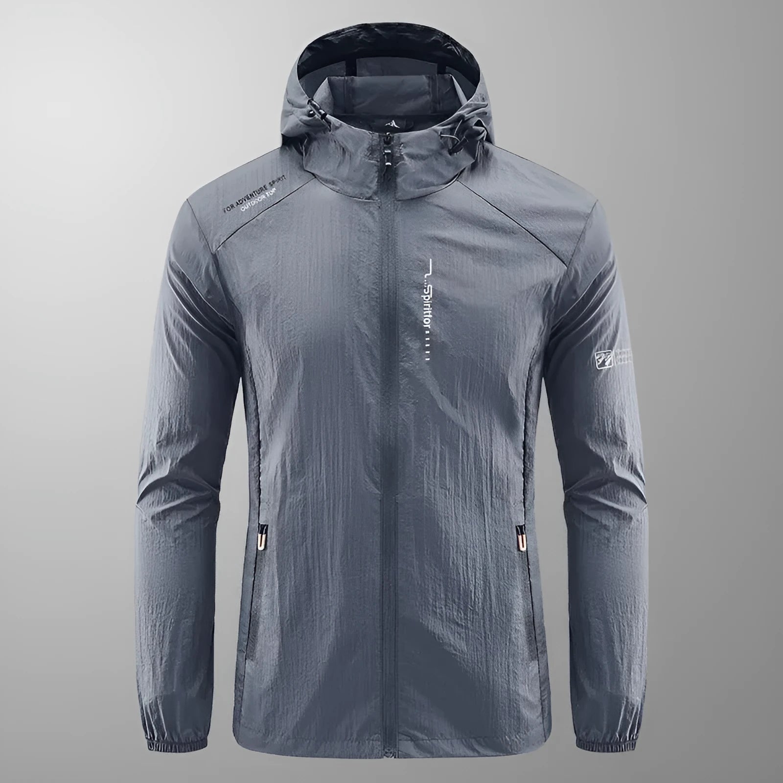 Man wearing a light grey loose-fitting hooded nylon summer jacket for sun protection.