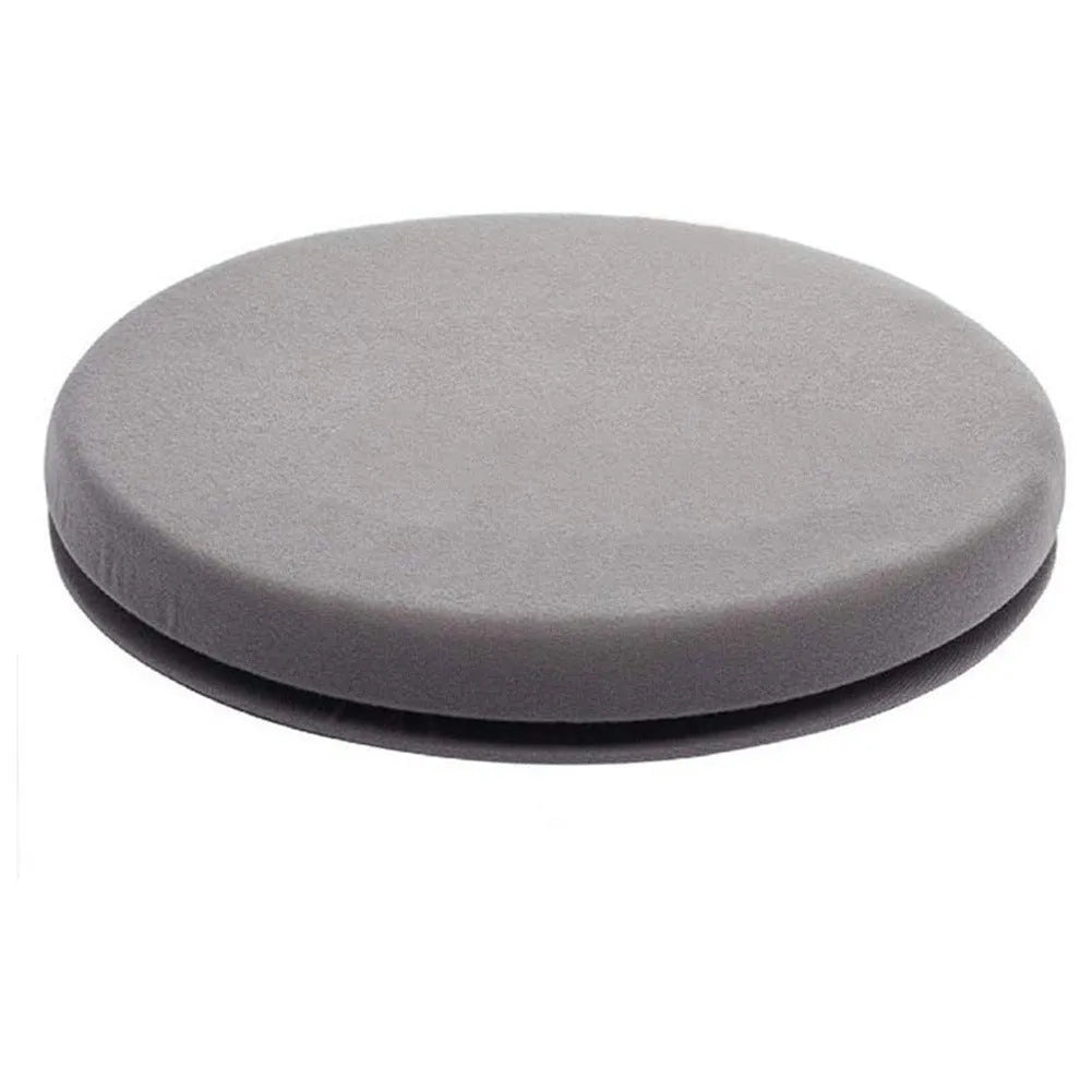 Car seat cushion with grey plush cloth cover, shown rotating on a car seat, highlighting its non-slip base.