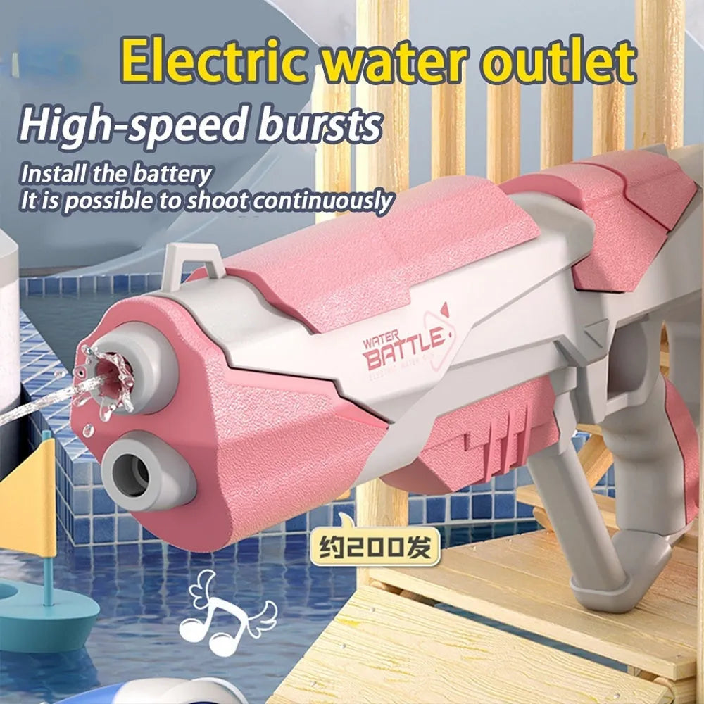 Blue electric space water gun with USB charging cable and large water tank on outdoor patio