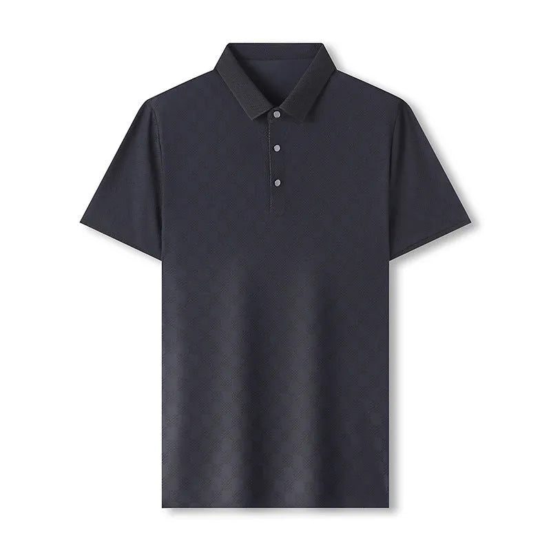Rhombus patterned thin ice silk short sleeve T-shirt for men in black, shown flat.