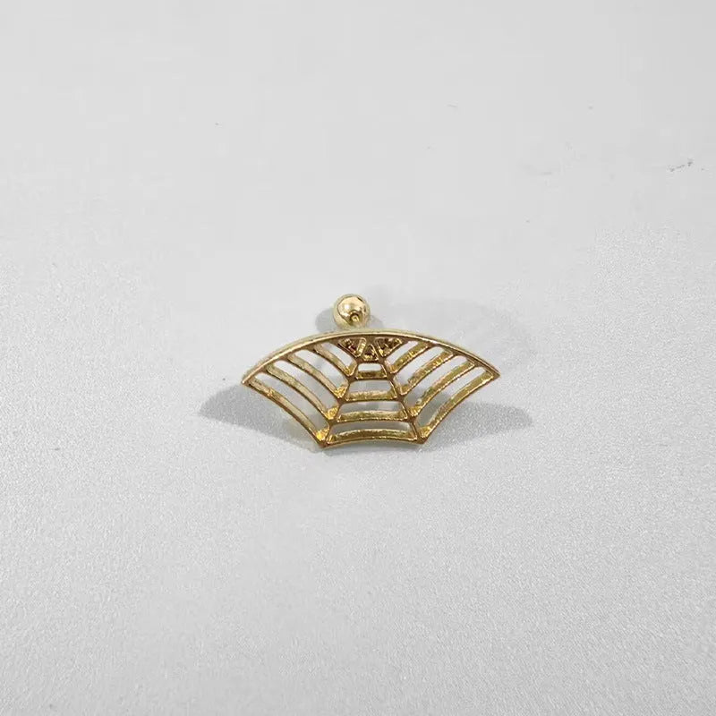 Geometric spider web stud earrings with electroplated gold and silver metallic finishes